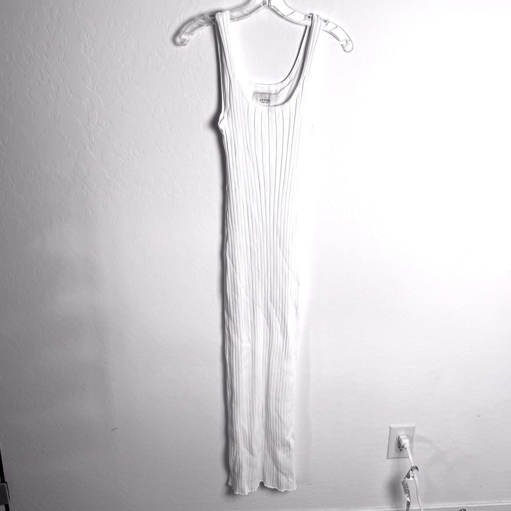 White Ribbed Knit Maternity Maxi Dress Sleeveless Scoop Neck Bodycon Tank Dress - Picture 9 of 12